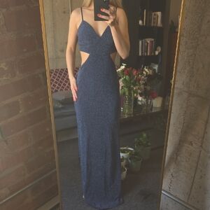 Crystal Doll Navy Blue Sparkle Cutout Prom Dress